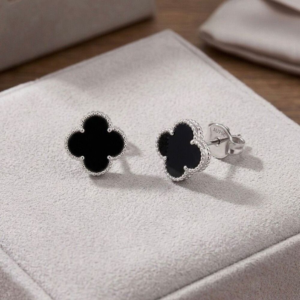 Black Onyx Clover Stud Earrings Sterling Silver Beaded Trim Elegant Lucky Gift
